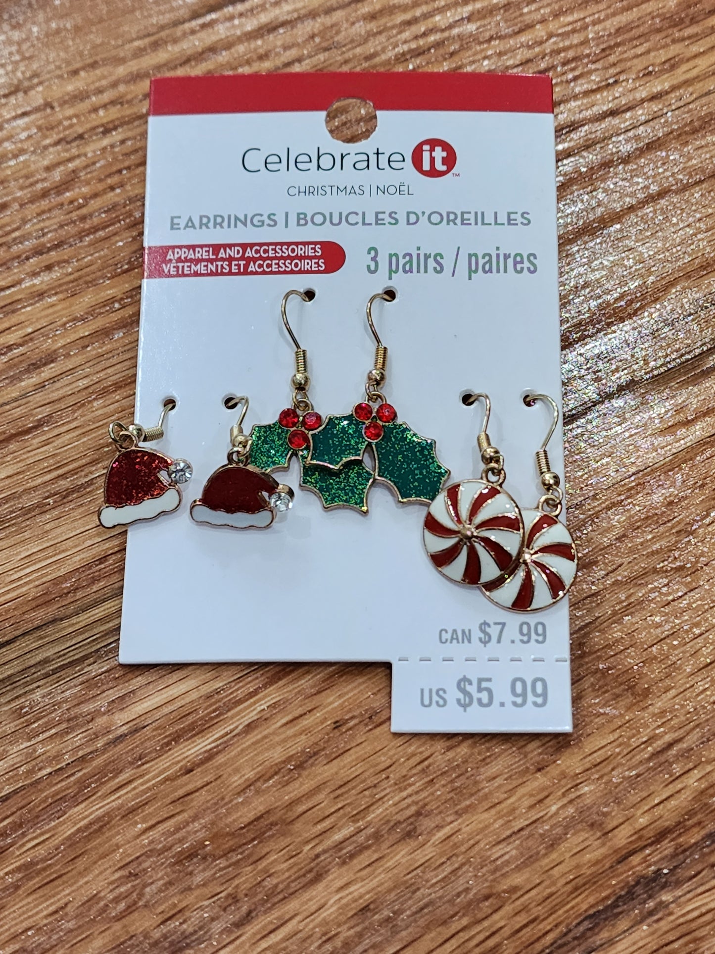 3Pair Christmas Mistletoe Santa Hat Candy Cane Earrings