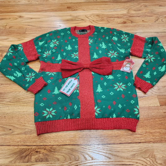 Ugly Christmas Sweater Gift With Giant Ribbon Men's Size L