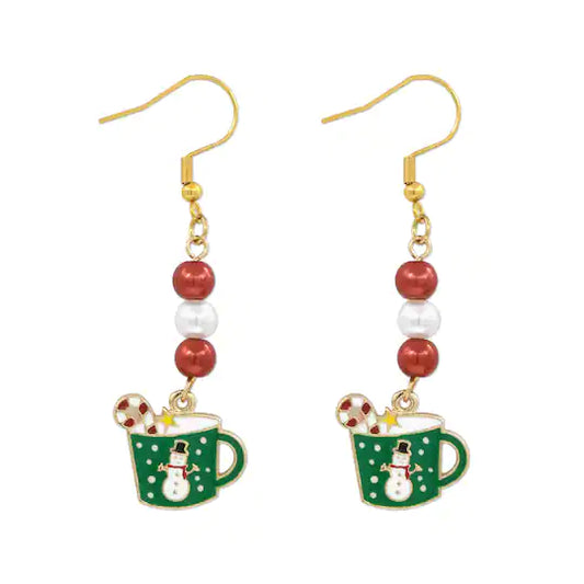 Christmas Snowman Candy Cane Mug Dangle Earrings