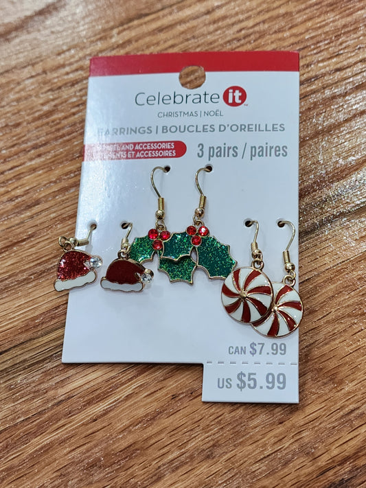 3Pair Christmas Mistletoe  Santa Hat Candy Cane Earrings