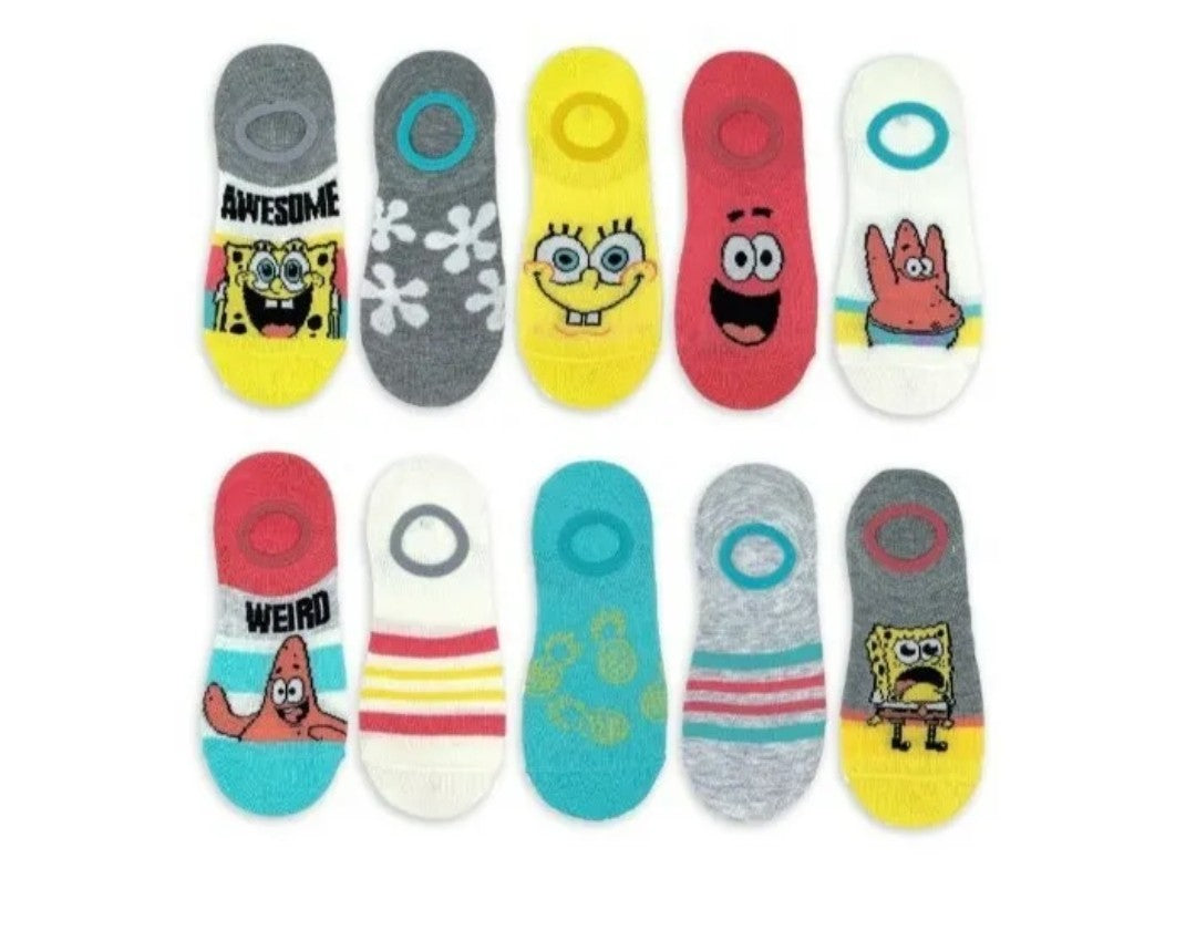 SPONGEBOB SQUAREPANTS 10 PAIRS - STAY PUT LINER, SHOE SIZE 4-10 MULTI COLOR