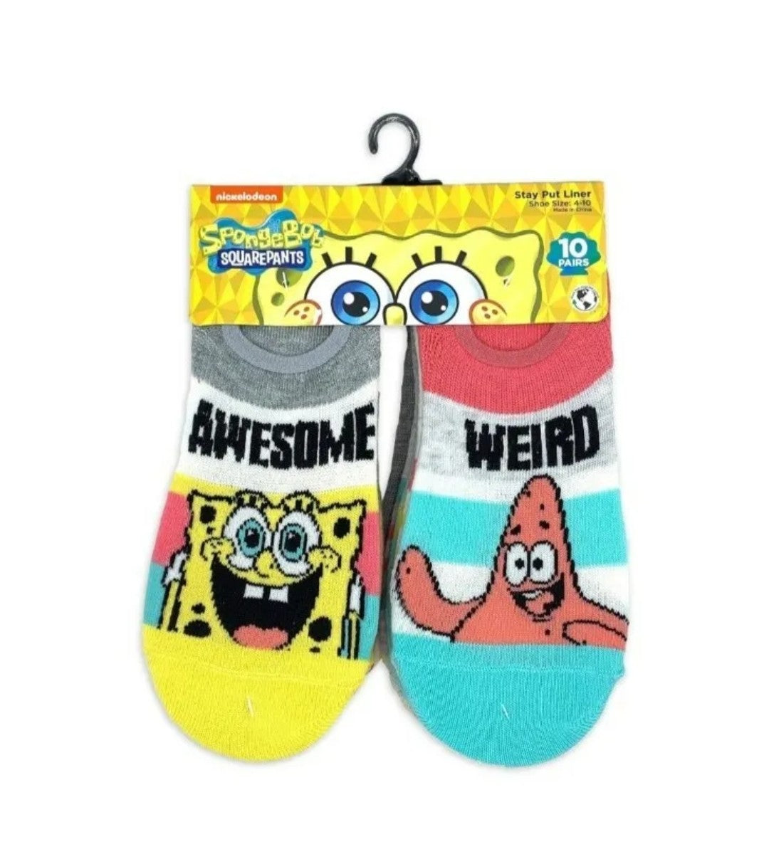 SPONGEBOB SQUAREPANTS 10 PAIRS - STAY PUT LINER, SHOE SIZE 4-10 MULTI COLOR