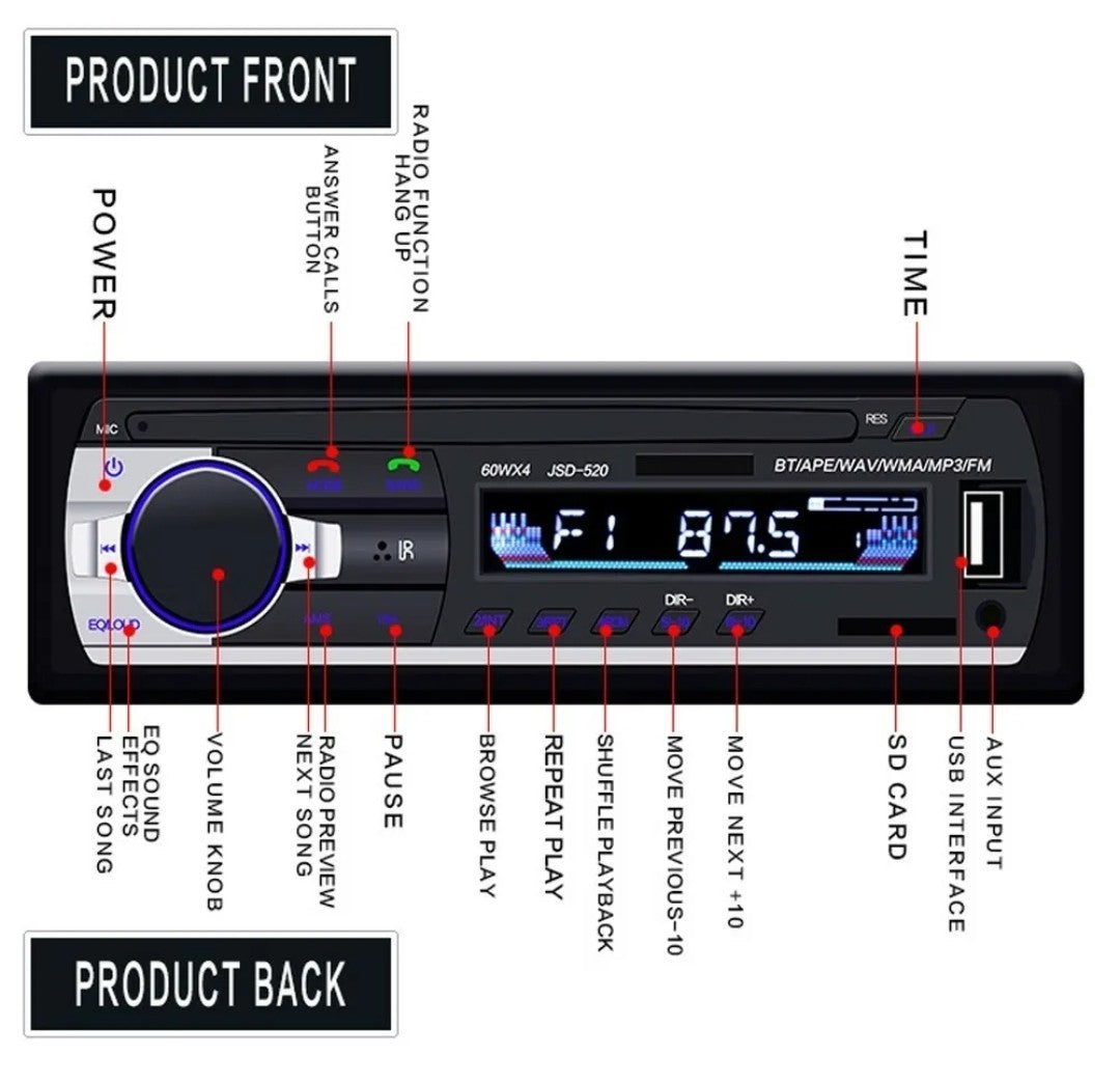 Podofo Car Radio Stereo Player V2.0 JSD-520 12V In-dash 1 Din AUX MP3 BT USB FM