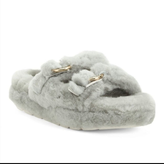 JSLIDES BROOKE Shearling Slippers with Gold Buckles