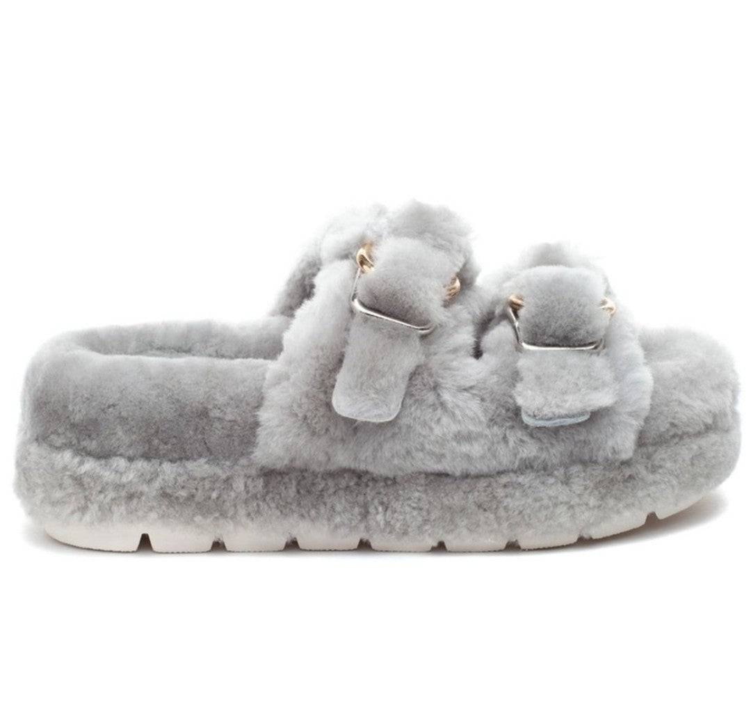 JSLIDES BROOKE Shearling Slippers with Gold Buckles