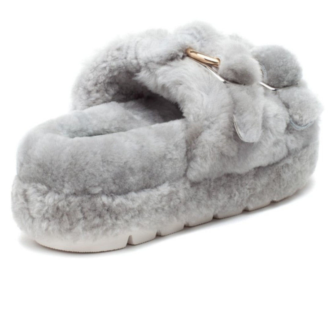 JSLIDES BROOKE Shearling Slippers with Gold Buckles