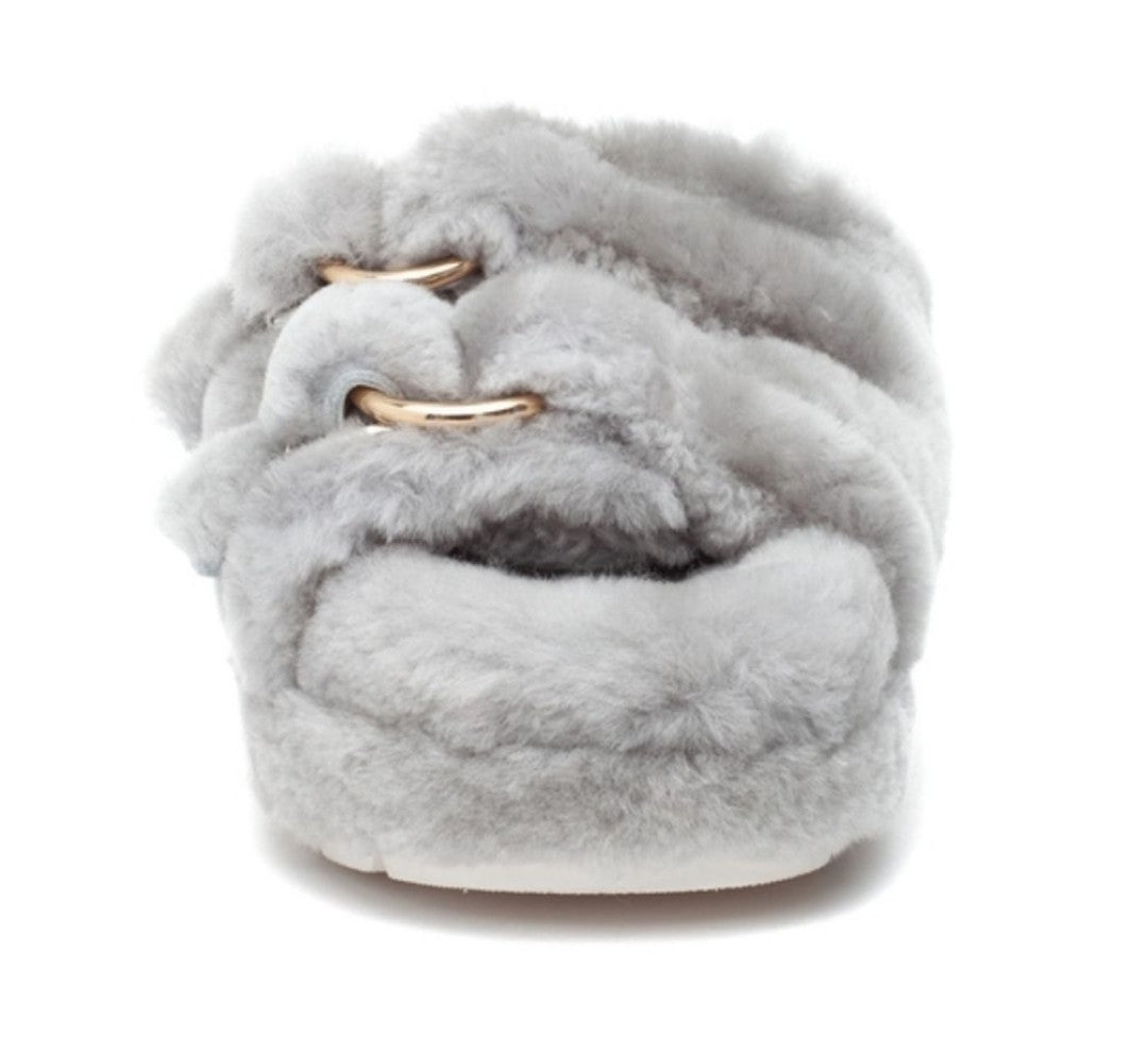 JSLIDES BROOKE Shearling Slippers with Gold Buckles