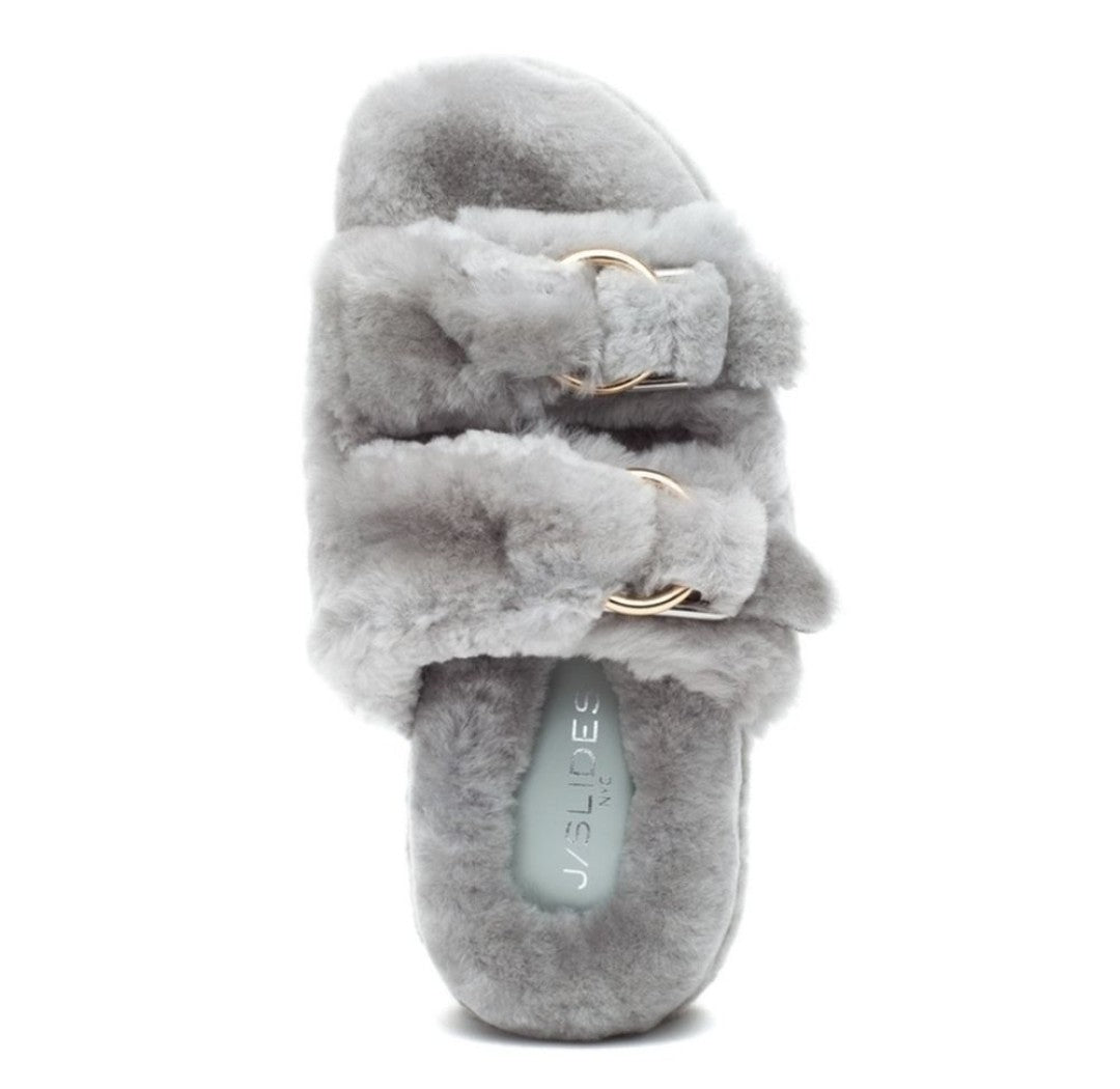 JSLIDES BROOKE Shearling Slippers with Gold Buckles